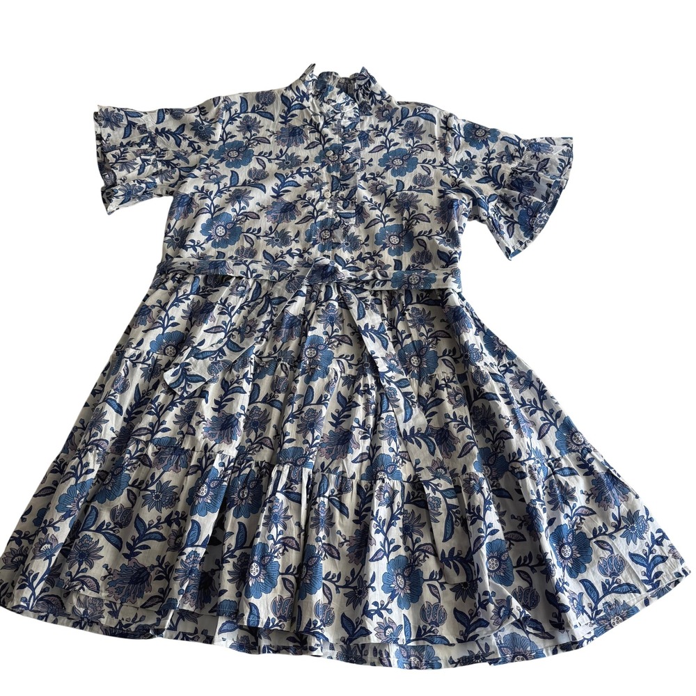 Mille Resort Violetta EUC 100% Cotton‎ Ruffle Tiered Button Up Blue Dress M